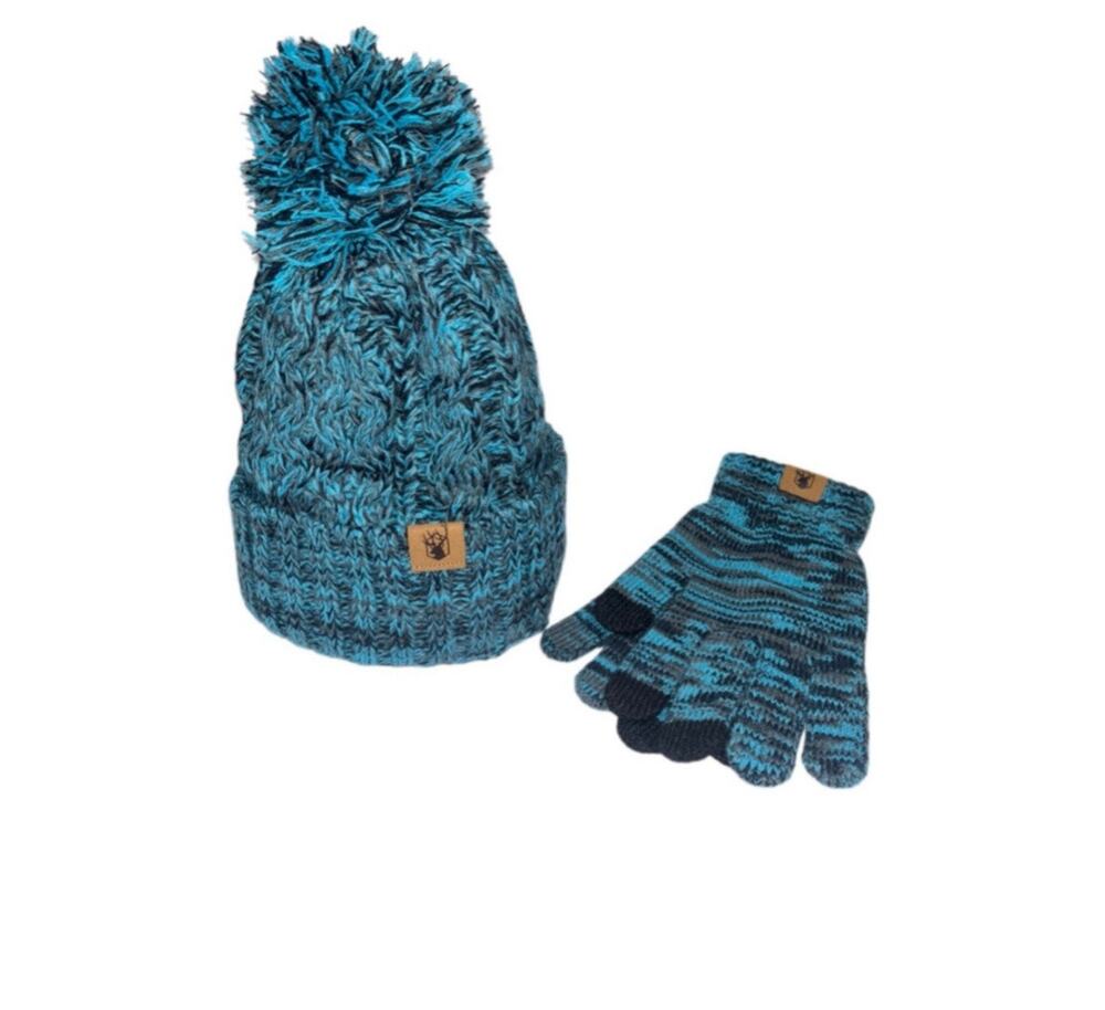 Honnesserry Pom Pom Beanie Touchscreen Gloves Set Fleece Lined Hat Blue/Black